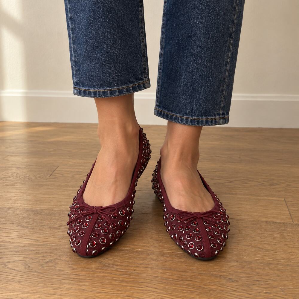 MNG Burgundy Rhinestone Lace-Up Ballet Flats EU 36